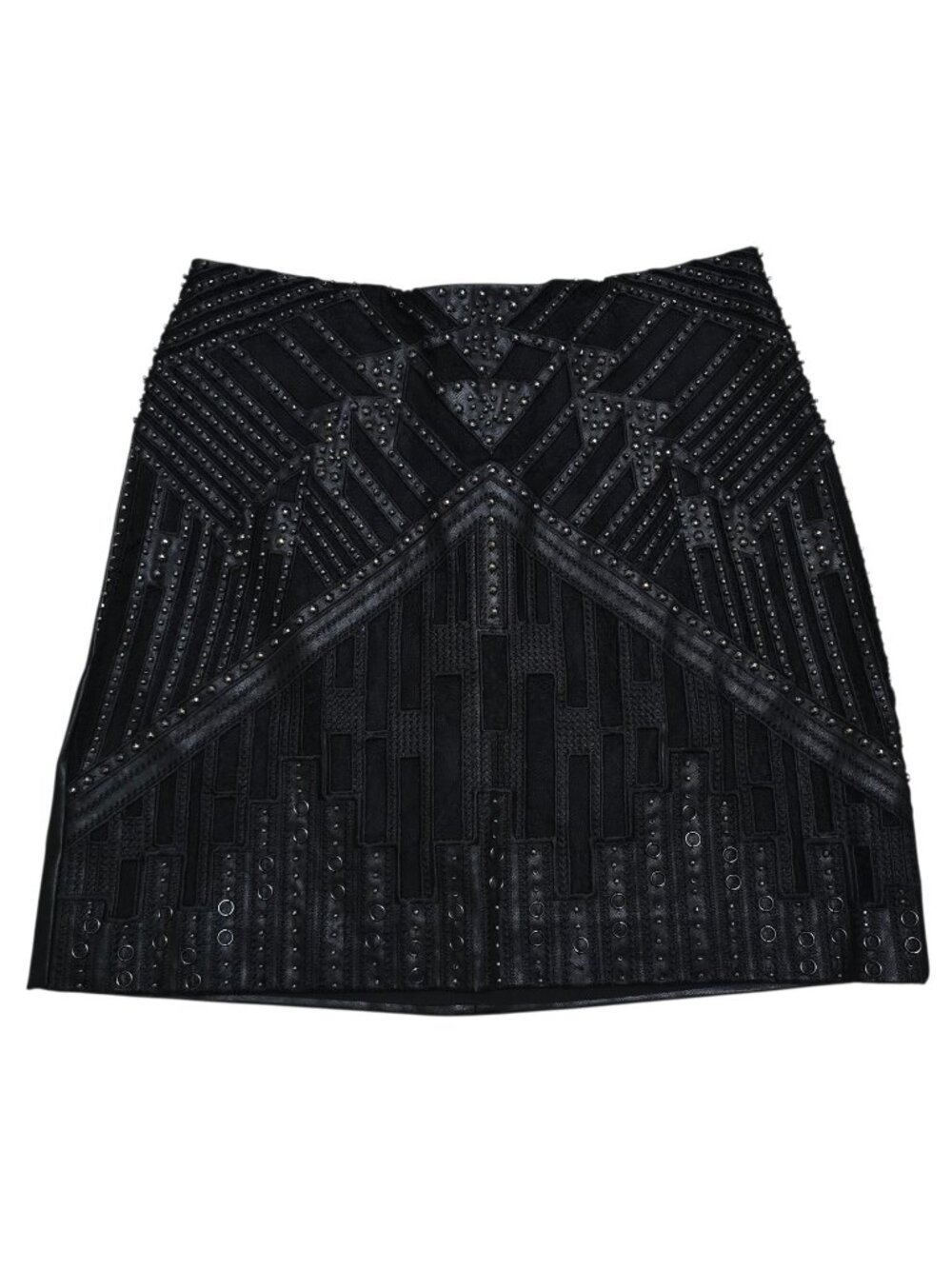 Y2K Bebe Womens Black Faux Leather Beaded Rhinestone Lace Mini Skirt Size 6